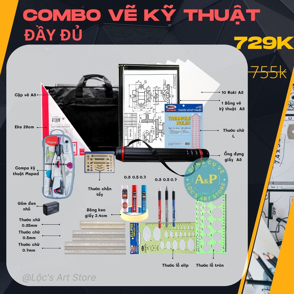 [Lộc's Art Store] Combo vẽ kỹ thuật đầy đủ cho sinh viên kỹ thuật xây dựng và kiến trúc