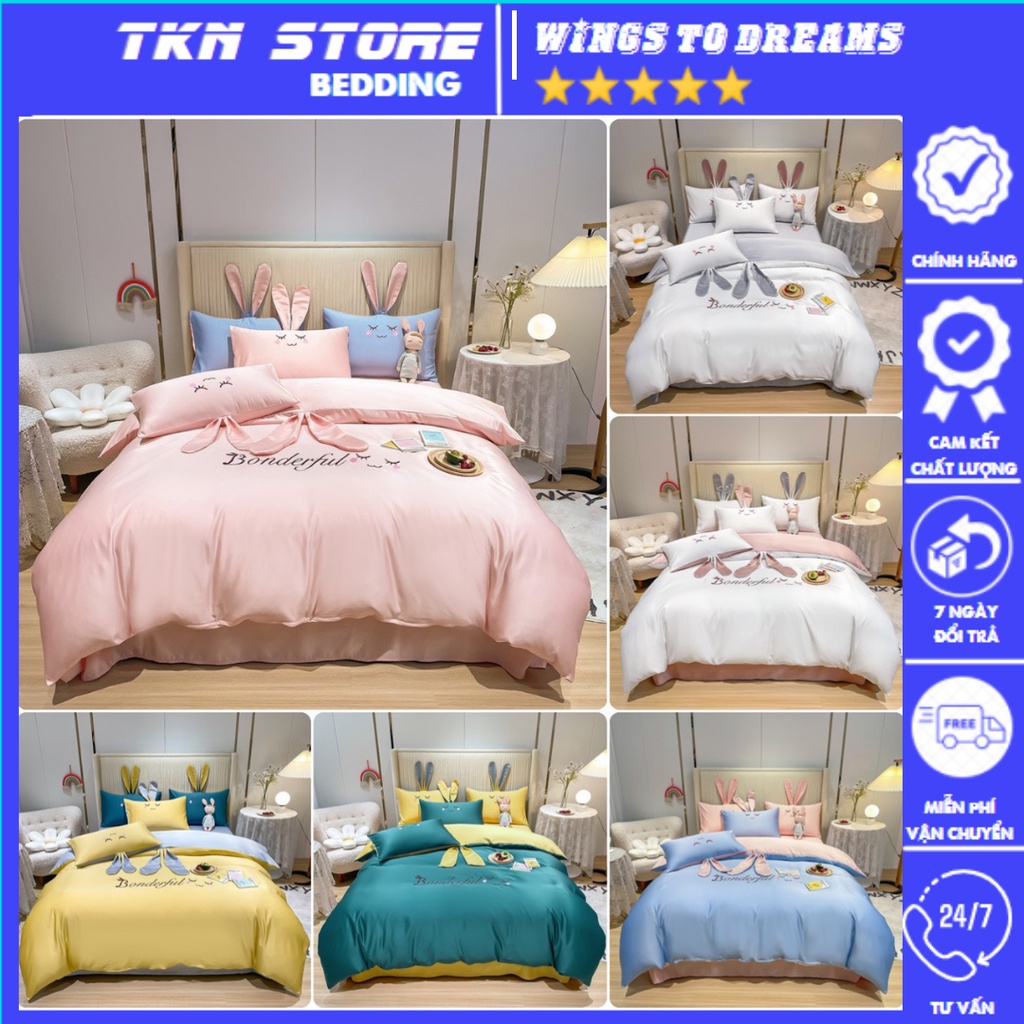 Bộ Chăn Ga Gối Lụa Tai Thỏ , Set Chăn Ga Gối Chất Liệu Phi Lụa Mềm Mịn Mát Lạnh Mẫu Mới 2022