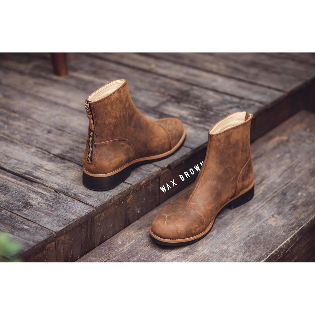 Giày cao cổ da bò sáp ngựa điên Steeler chelsea zip boots phong cách bụi bặm