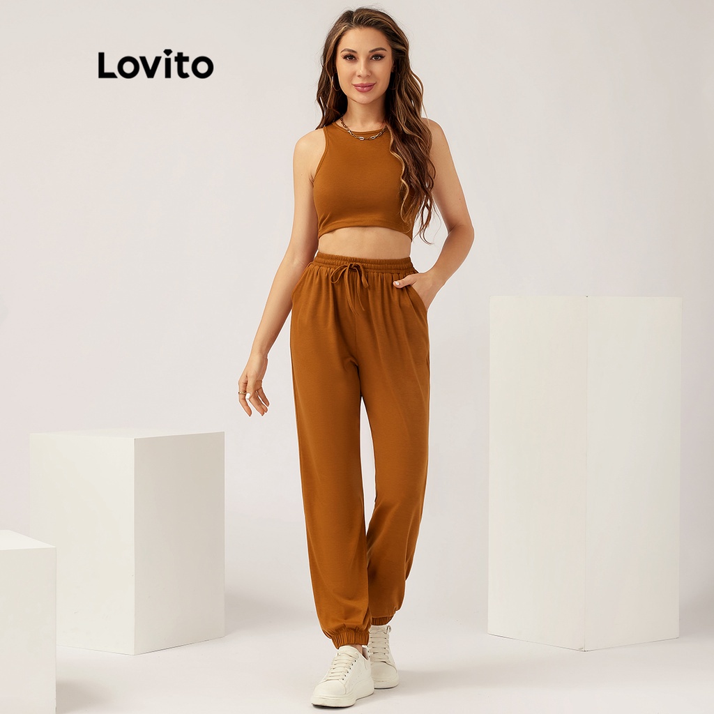 Lovito Bộ quần áo bó mồ hôi lưng thun trơn thông thường L21LT164 (Nâu)