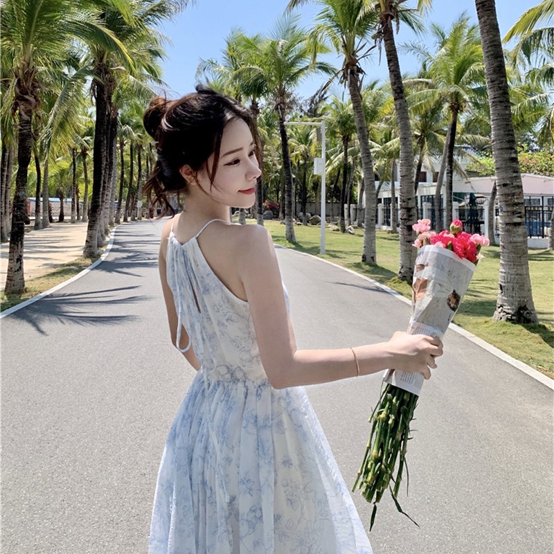 Đầm váy cổ yếm voan tơ hoa dáng xoè màu xanh phong cách Hàn Quốc