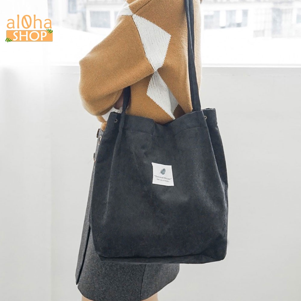 Túi tote đeo vai vải bố canvas trơn T014 nữ logo hình lá đựng đồ đi học, đi chơi mềm đẹp - al0ha Shop