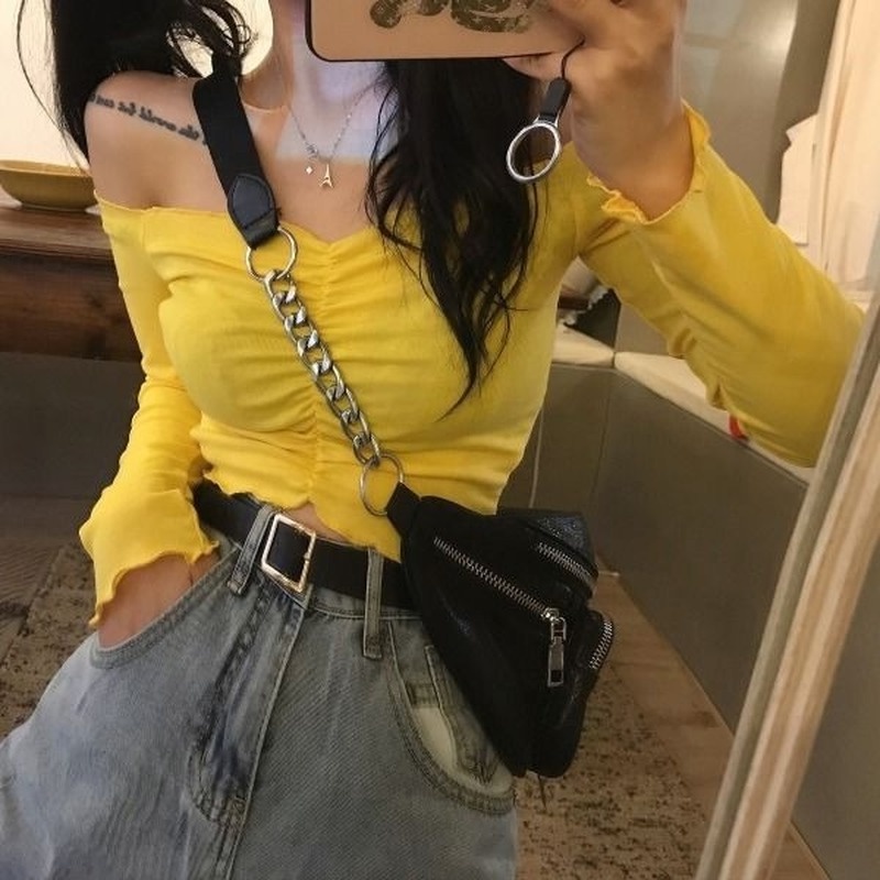 Áo Thun Trễ Vai Dài Tay Cổ Chữ A Thời Trang Sành Điệu Cho Nữ