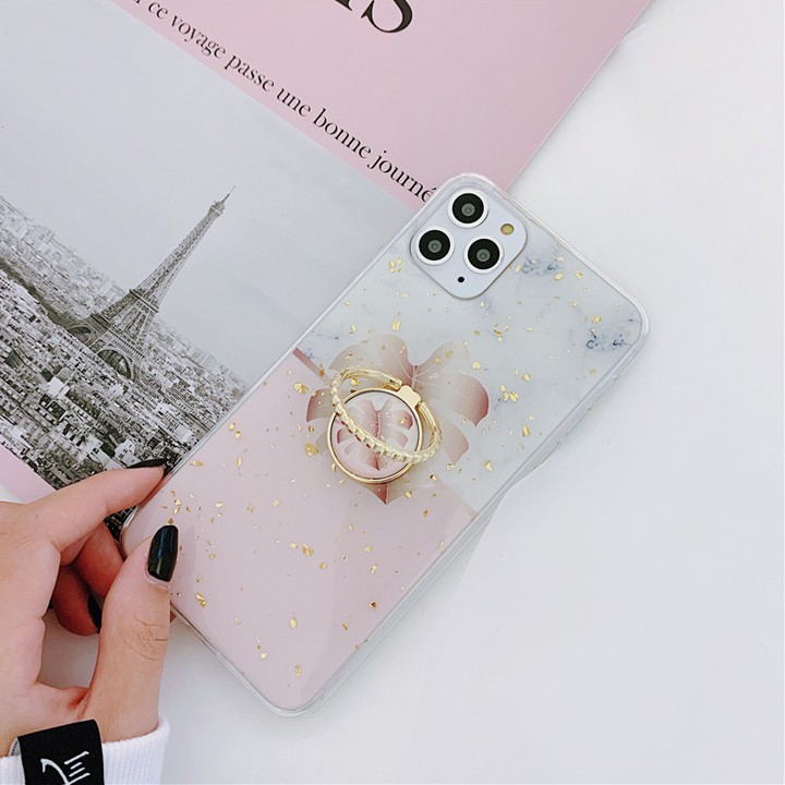 [Có Đỡ Lưng] Ốp Lưng iPhone 7/8/7Plus/8Plus/X/XS/XSMAX/11/11Pro/11ProMax Giả Đá Cẩm Thạch Họa Tiết Lá Cây - Mã TZAC269