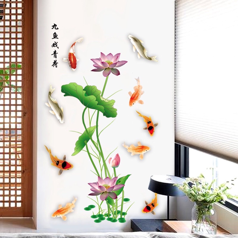 Decal dán tường, Tranh dán tường sen cá,sẵn keo dán