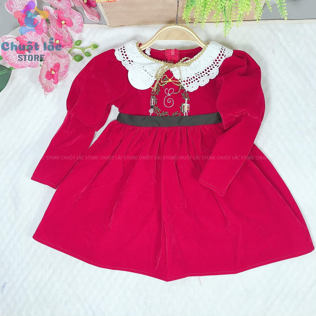 Đầm Công Chúa Cho Bé Gái Chuột Lắc Store Chất Nhung Cứng Tay Phồng Cổ Ren 12kg Đến 25kg Màu Đỏ