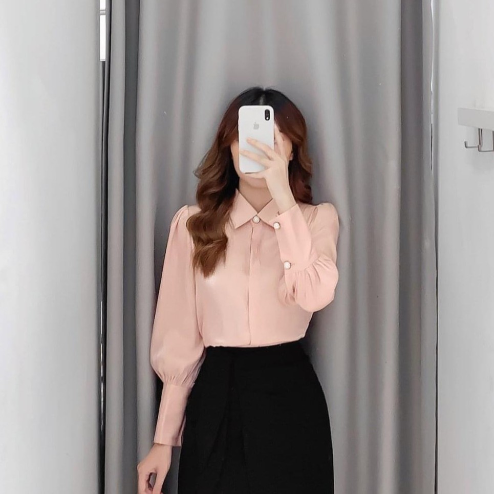 Áo sơ mi lụa kiểu công sở nữ tay bồng cổ và tay cúc ngọc to đẹp
