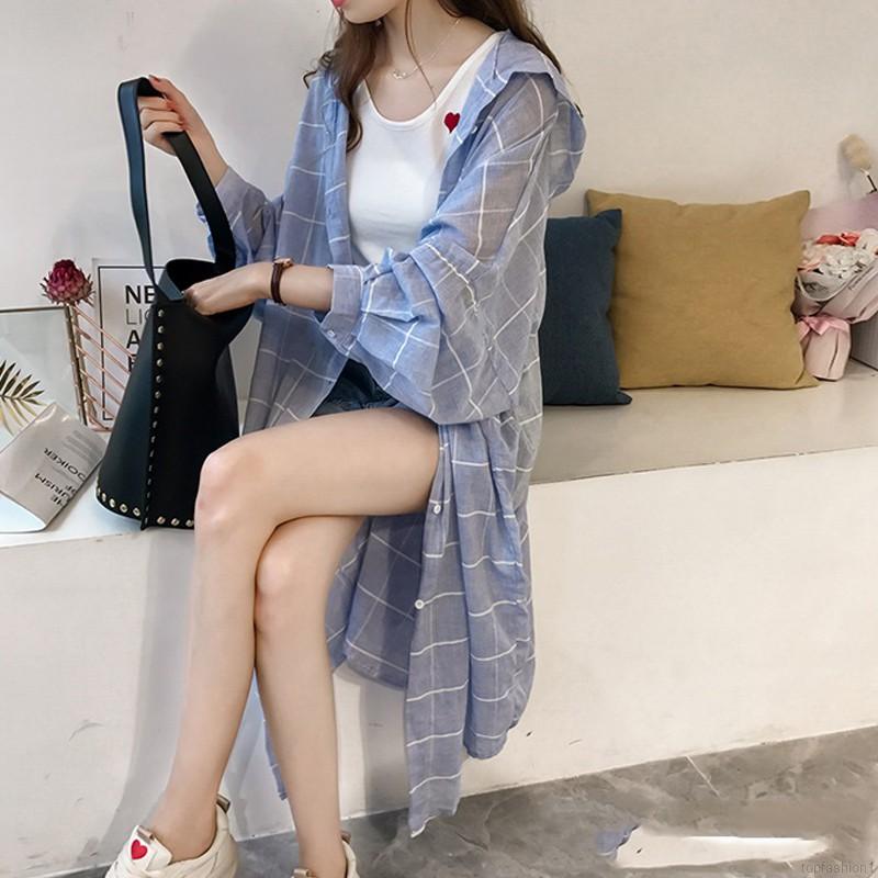 Áo Sơ Mi Caro Tay Dài Có Nón Thời Trang Cho Nữ Size Lớn 1