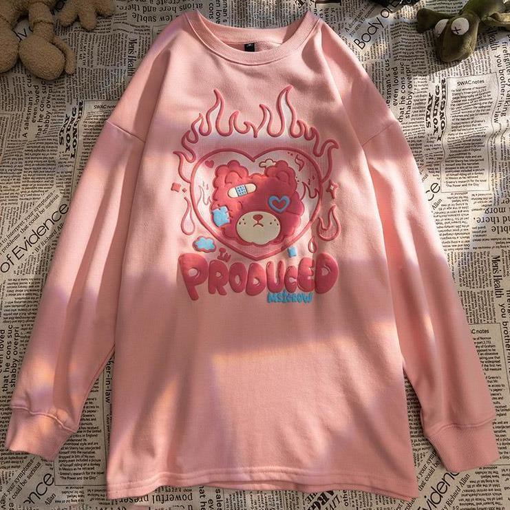 Áo sweater tay dài cổ tròn in họa tiết gấu ngọn lửa hoạt hình màu hồng dễ phối đồ phong cách ngọt ngào dành cho nữ