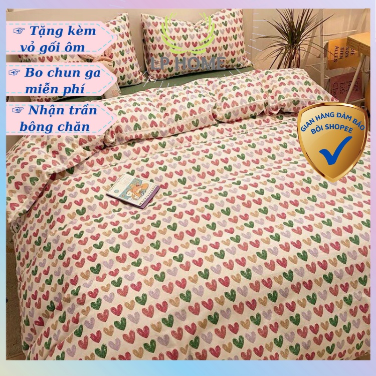 Bộ chăn ga gối poly cotton HQ mưa tim sắc màu nhập khẩu cao cấp - Bo chun ga miễn phí
