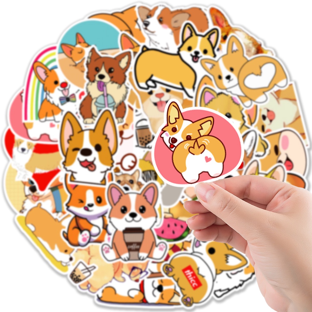50 Sticker PVC CHÓ CORGI CUTE không thấm nước, dán nón bảo hiểm, laptop, điện thoại, Vali, xe