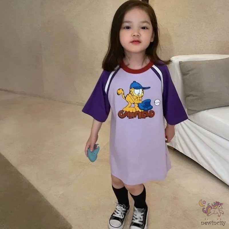 Đầm tay ngắn in hoạt hình phong cách mùa hè Hàn Quốc cho bé gái