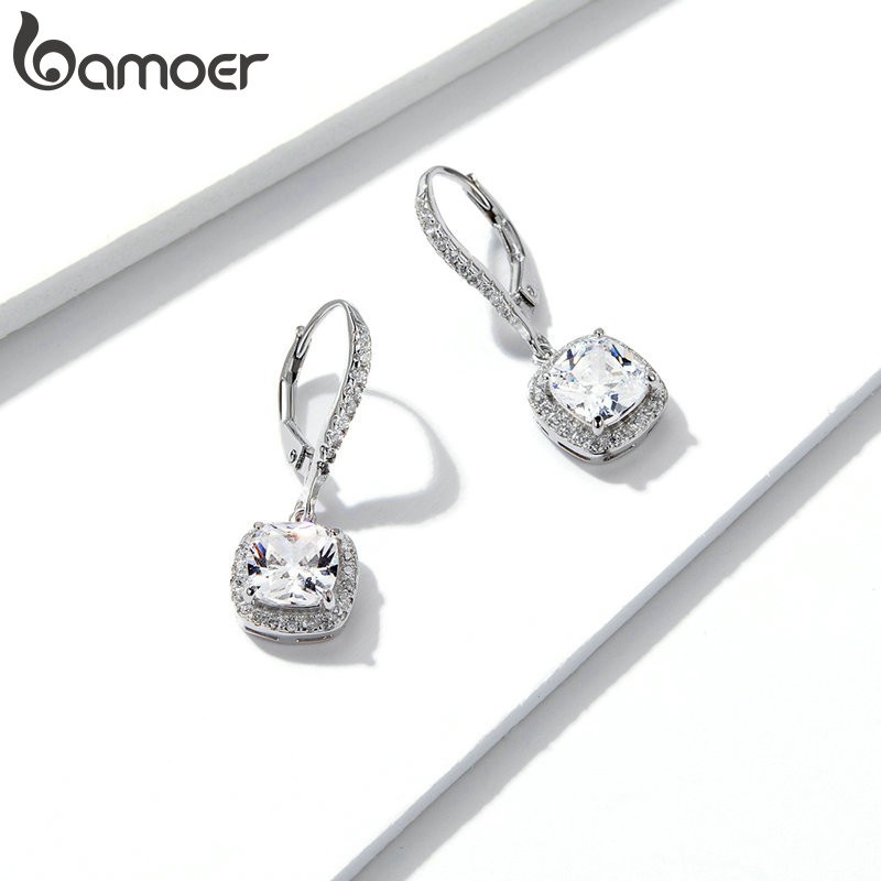 Khuyên tai Bamoer Bạc 925 đính đá zircon hình vuông thời trang cho nữ