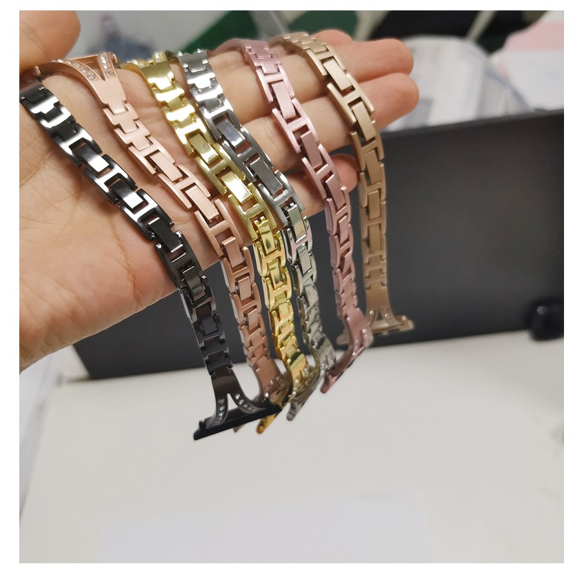 Dây Đeo Đồng Hồ Bằng Thép Không Gỉ Đính Kim Cương Cho iWatch Series 7 6 41mm 45mm 40mm 44mm 38mm 42mm SE 6 5 4