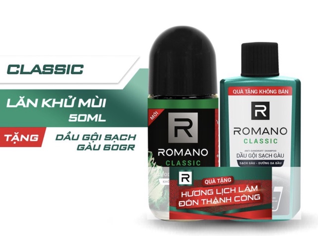 Lăn khử mùi Romano 50ml +Tặng kèm dầu gội hoặc sữa tắm Romano 60g