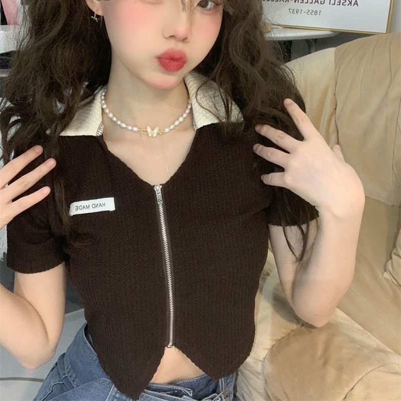 Áo crop top Dệt Kim Cộc Tay Có Khóa Kéo Cho Nữ JL-TX-515