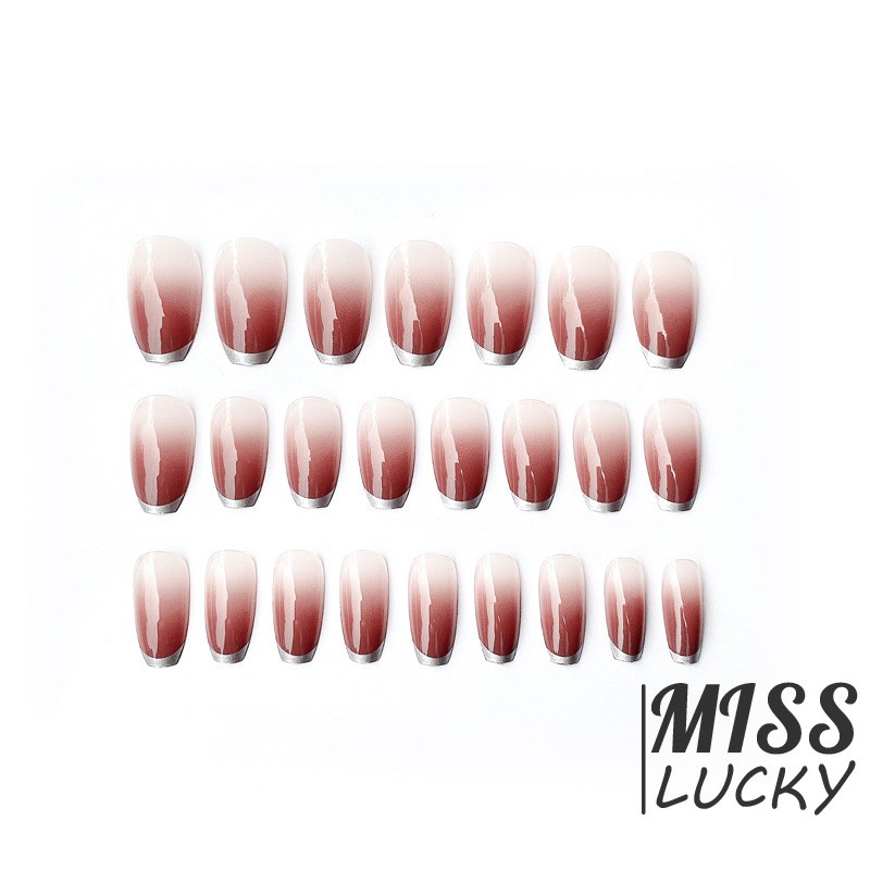 [Hàng mới về] Bộ móng tay giả viền bạc dáng dài dùng để trang trí móng tay cho sinh viên