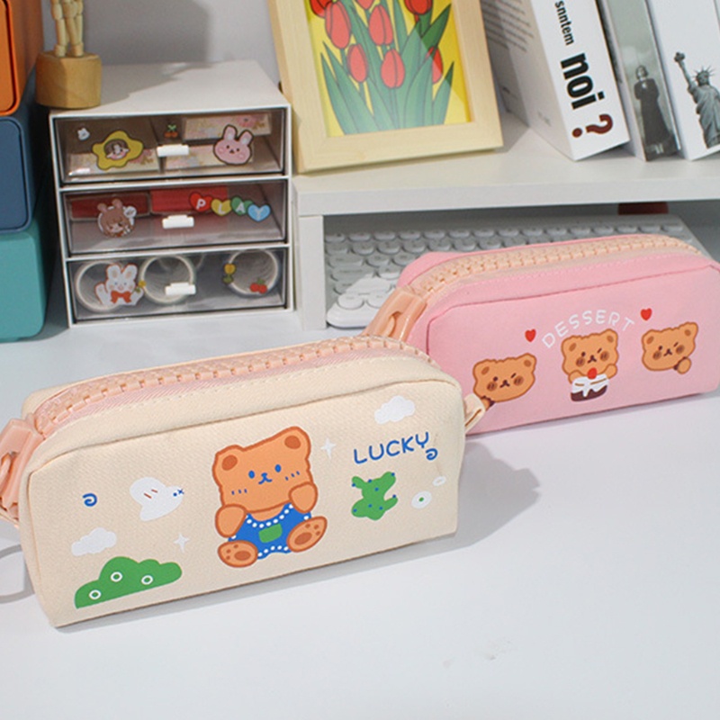 Túi Đựng Bút Sức Chứa Lớn Có Khóa Kéo In Họa Tiết Gấu Dễ Thương