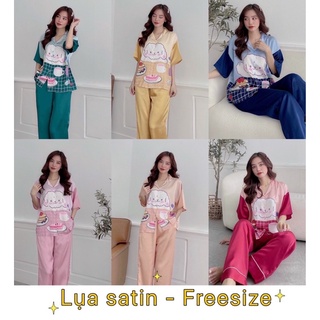 Bộ lụa satin 3d quần dài, có túi quần, dưới 63kg
