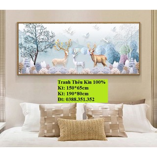 Tranh thêu chữ thập phong cảnh hươu tài lộc loại 150*65cm và 190*80cm