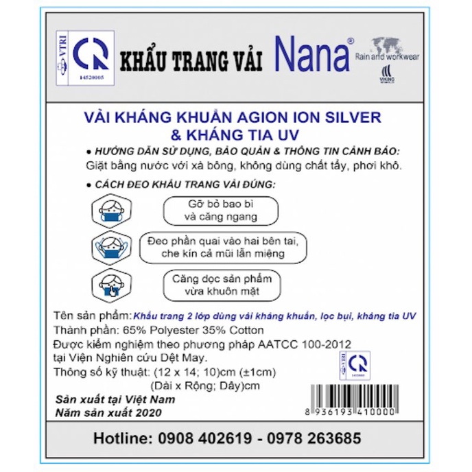 Khẩu trang vải kháng khuẩn Nana Viking, 10 cái/bịch