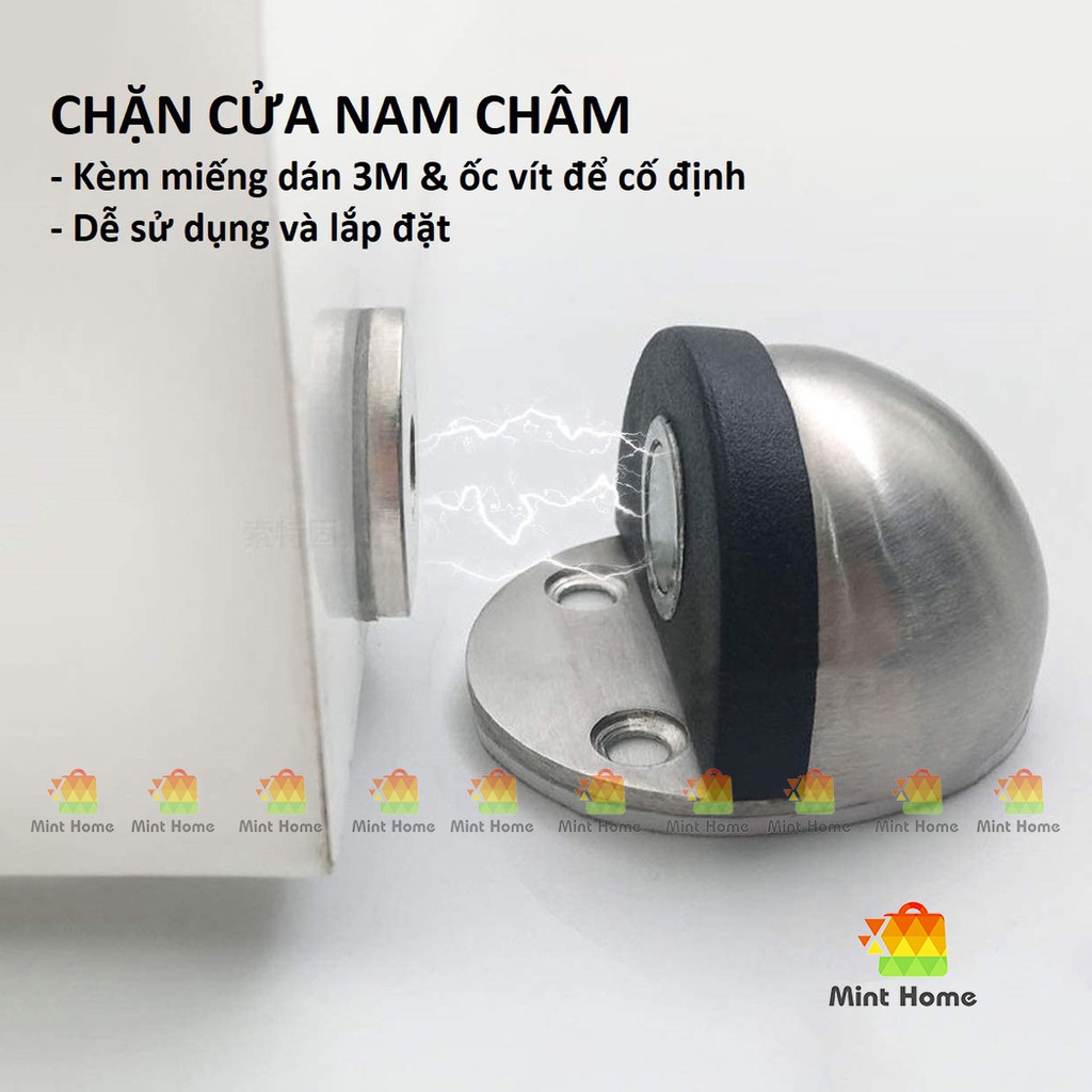 Chặn cửa bán nguyệt inox siêu hít nam châm chống va đập, ồn thông minh cho bé gắn sàn kèm miếng dán tường 3M, đồ ốc vít