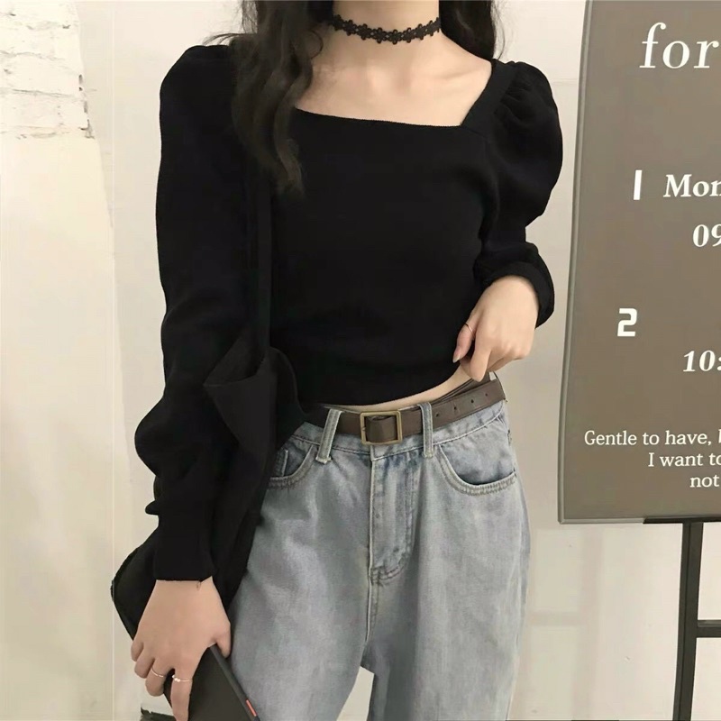 Áo len tăm cổ vuông tay bồng hàng shop