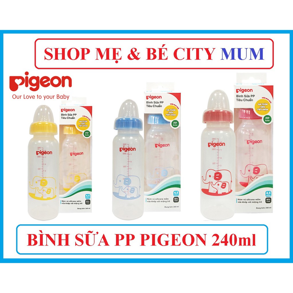 Bình Bú Cho Bé, Bình Sữa Pigeon PP Tiêu Chuẩn Hình Voi 240ml.