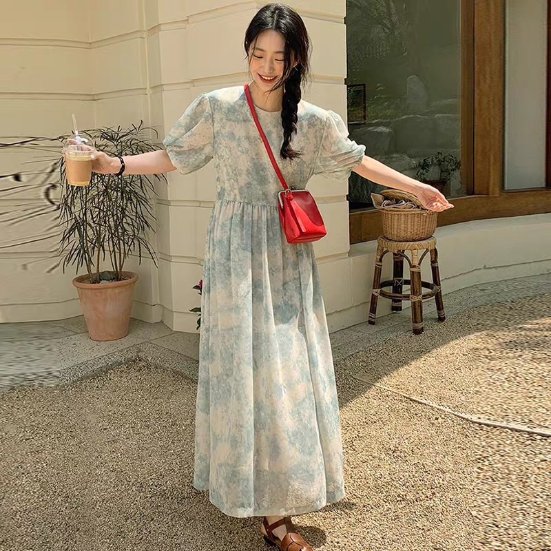 Váy MORAN voan hoa xanh loang pastel thun eo xòe dài bồng bồng vintage tiểu thư nhẹ nhàng