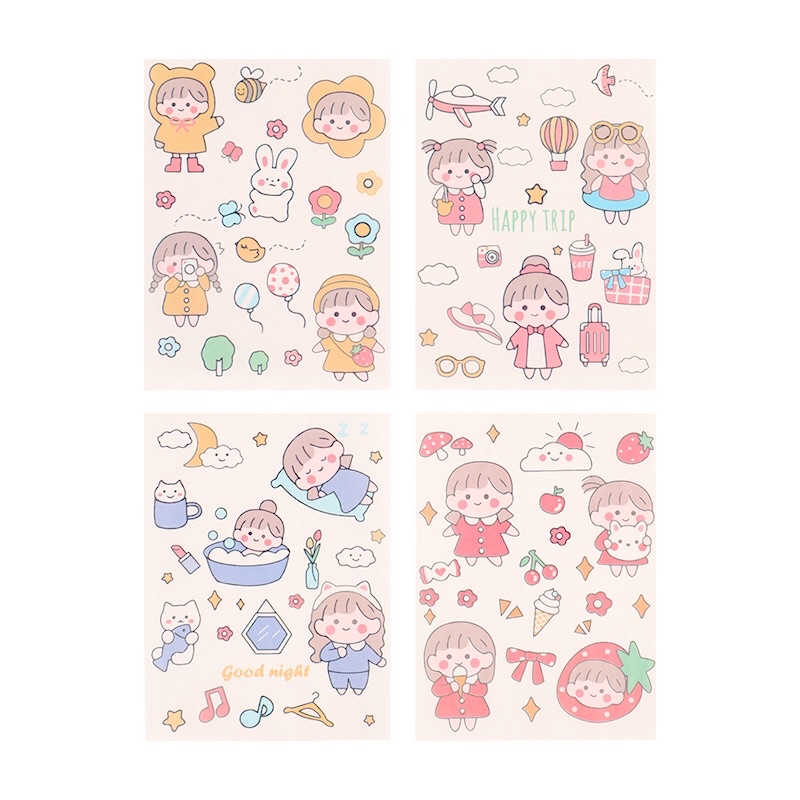 Miếng dán ticker hoạt hình dễ thương sét 4 miếng, hình dán trang trí họa tiết Cute cho sổ lưu niệm