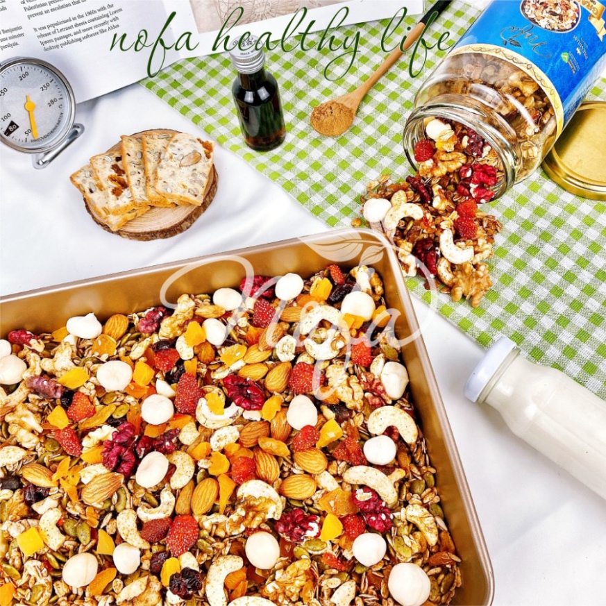 Granola siêu Hạt & Quả NOFA 600gr, Ngũ cốc giảm cân thêm Macca, Óc chó đỏ, Dâu tây Xả Kho