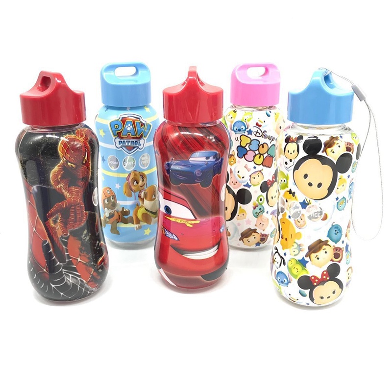 Bình Nước Nhựa 350ml In Họa Tiết Hoạt Hình Có Dây Đeo Cho Bé Đi Học