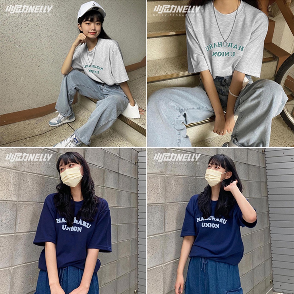 Áo phông màu xanh than hàng có sẵn giao ngay NELLY chất cotton dáng rộng unisex dành cho nữ mẫu HARUHARU