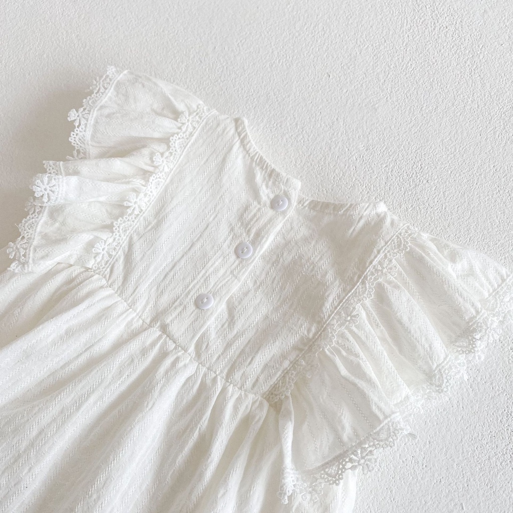 Bộ Áo Liền Quần Bằng Cotton Phối Ren Tay Áo Bay ha ha Dành Cho Bé Gái Leo Núi
