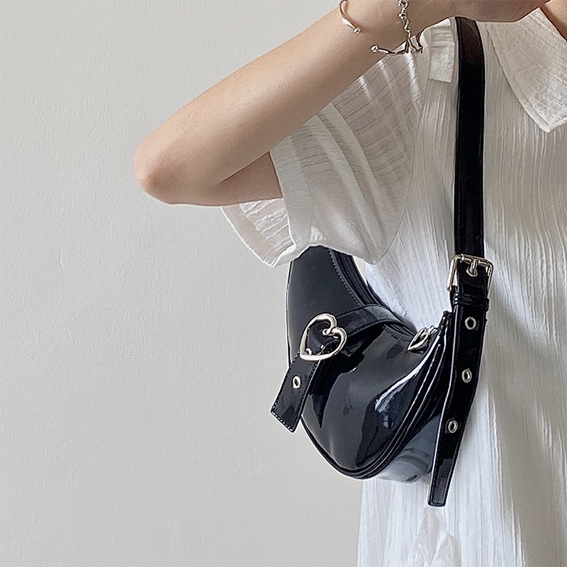 Túi đeo vai IELGY da bóng màu trơn có khóa kéo và khóa cài trái tim thời trang dành cho nữ