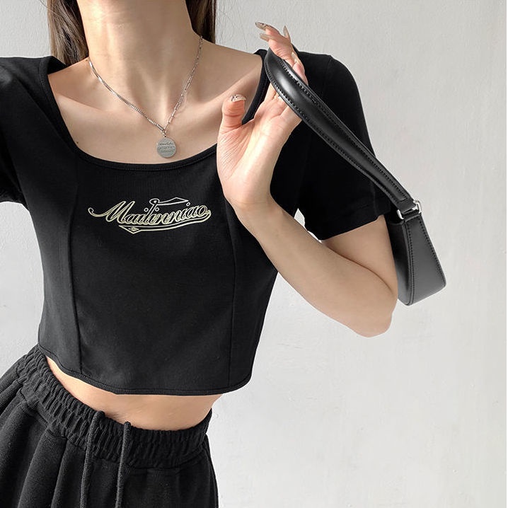 Áo Croptop Tay Ngắn Dáng Ôm In Chữ Màu Sắc Tương Phản Thời Trang Mùa Hè Xinh Xắn Cho Nữ