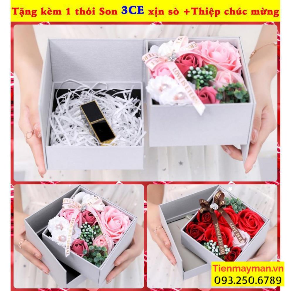 Hộp Quà Tặng Bạn Gái 14/2 8-3 Hoa Hồng Sáp Thơm + kèm 1 Thỏi Son 3CExịn sò sang chảnh cùng Thiệp lời chúc