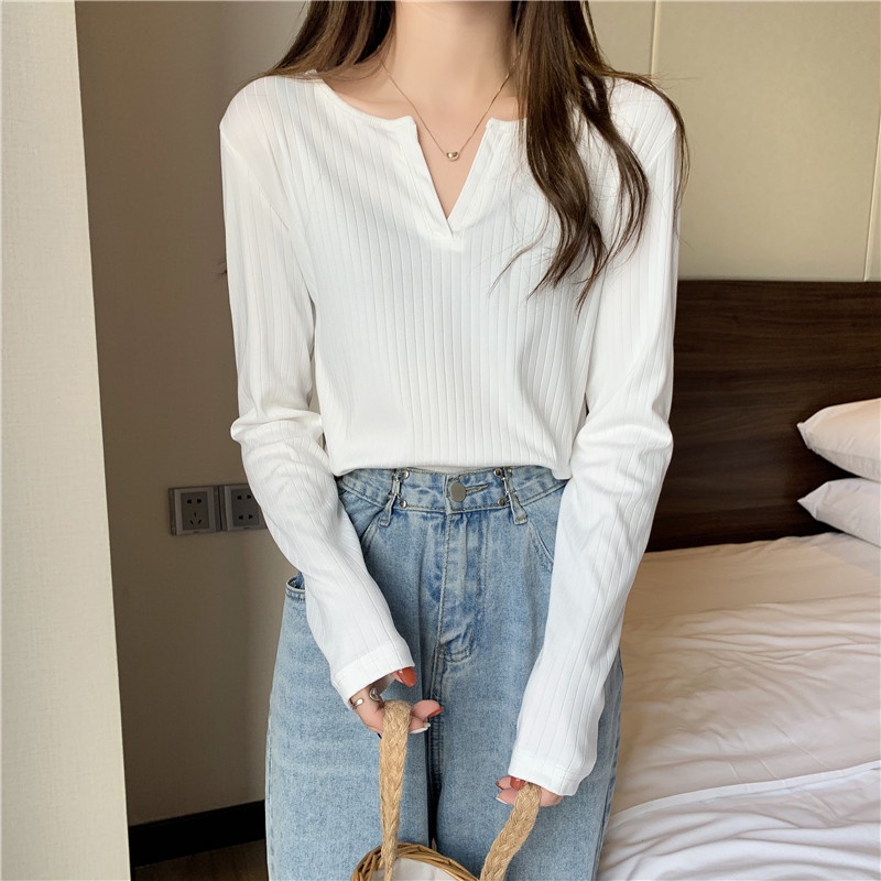 Áo SUXI tay dài cổ chữ V màu sắc đơn giản phong cách vintage