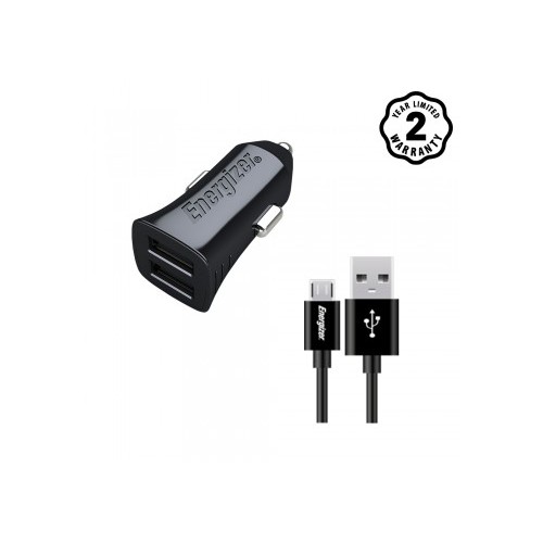 Sạc Ô tô Energizer 2 cổng 2.4A kèm cáp Micro USB cho xe hơi - DCA2BHMC3