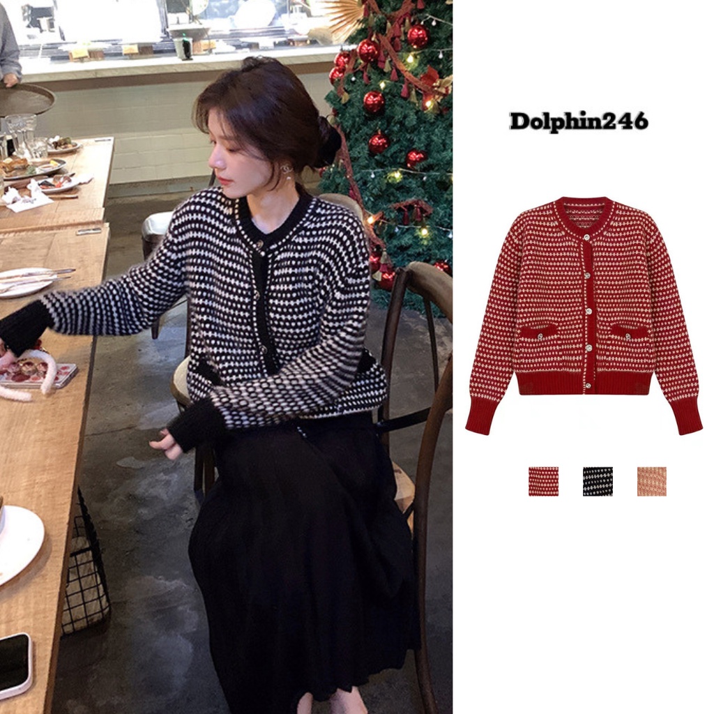 Áo khoác len cardigan nữ tay dài 2 màu tương phản caro ziczac cổ tròn lông thỏ mềm mịn hàng Quảng Châu đẹp D-12