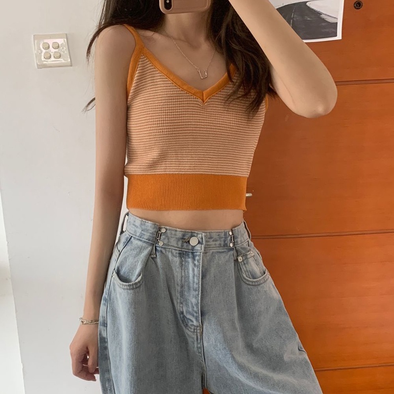 Áo hai dây IELGY chất liệu dệt kim họa tiết kẻ sọc màu tương phản cho nữ