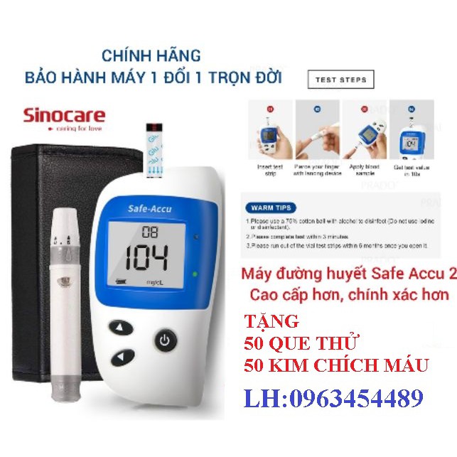 Máy đo đường huyết cao cấp SINOCARE SAFE ACCU 2 Tặng 50 kim và 50 que thử