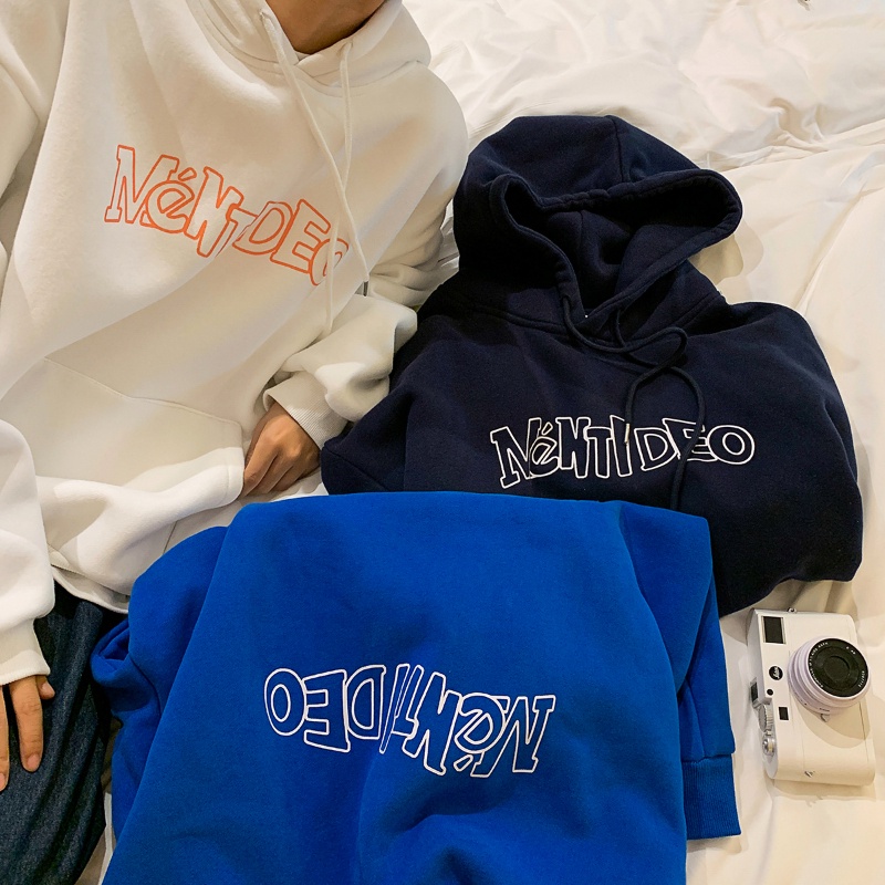 Áo Hoodie lót nhung giữ ấm in chữ đơn giản thời trang cho nam Size M-5XL