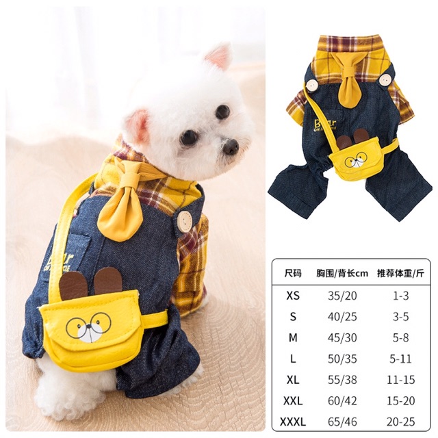 Combo quần áo cho chó mèo áo sơ mi caro vàng  ( tặng kèm túi đeo chéo da)