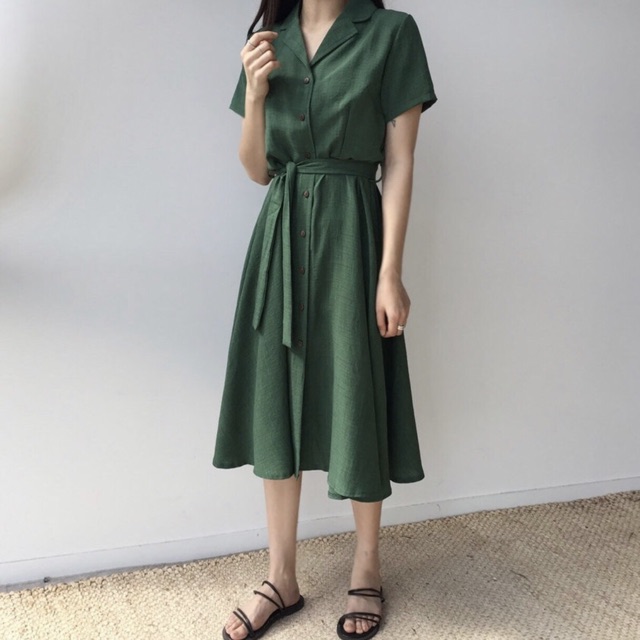 Đầm váy sơ mi xanh rêu thắt eo 2 màu xuongvnxk vnxk