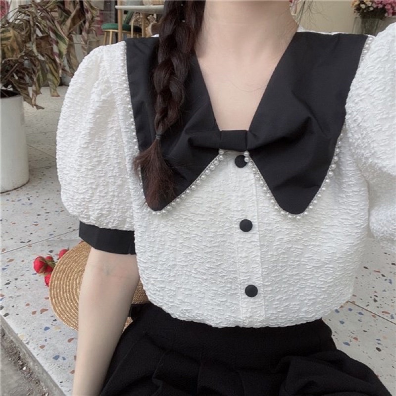 Áo Sơ Mi Đũi Xốp Nhăn Cổ Nơ Viền Ngọc Cực Xinh