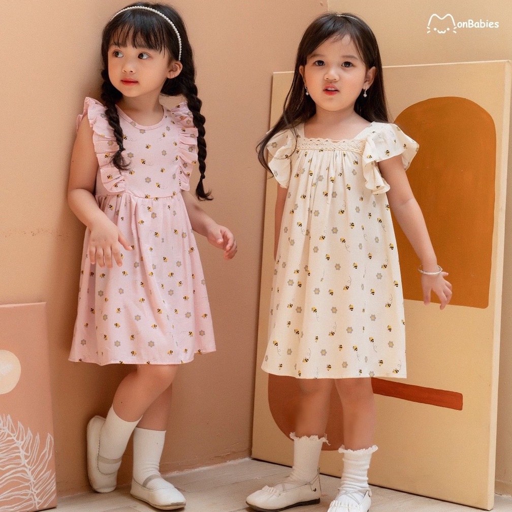 Đầm cho bé gái 1-6 tuổi MonBabies VL80 chất đũi tằm họa tiết ong nhí màu hồng dáng xòe nhẹ phối bèo xinh xắn