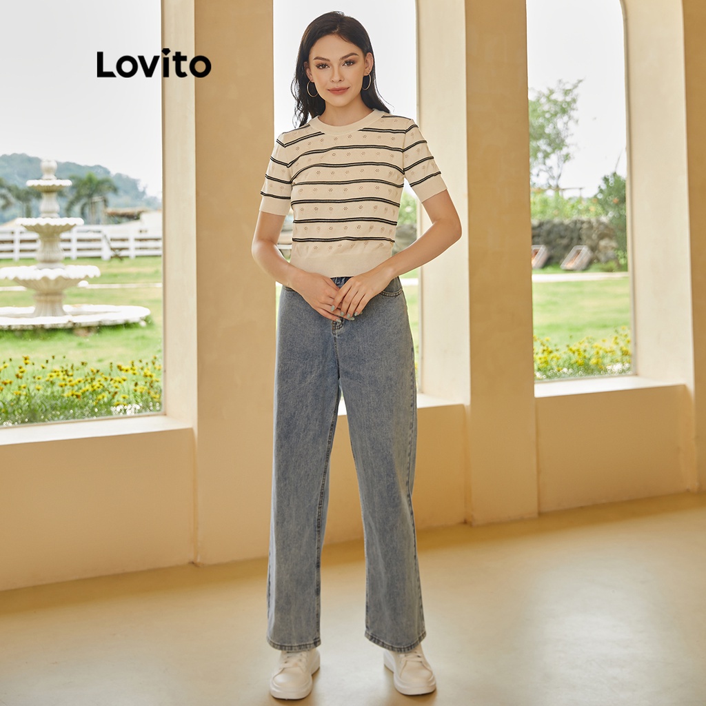 Lovito Áo dệt kim cổ tròn có sọc thường L24ED034 (Đen và Trắng)