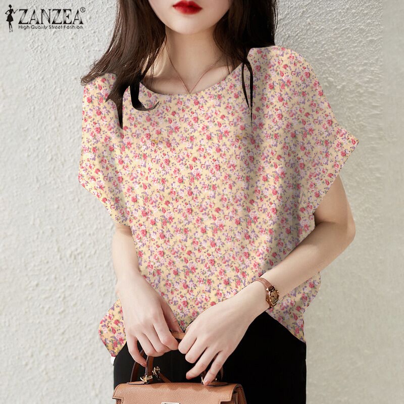 Áo Zanzea tay ngắn dáng rộng in họa tiết phong cách cổ điển thời trang cho nữ