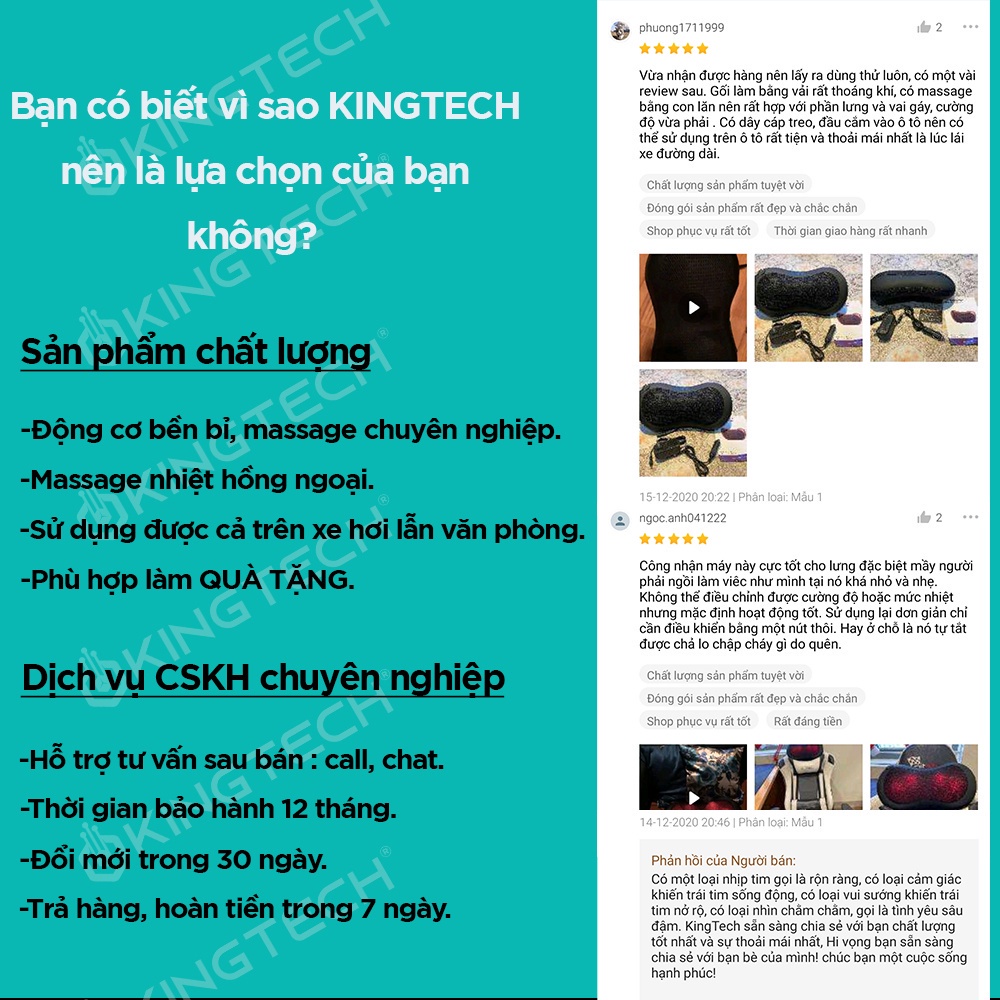 Gối Massage Nhiệt Hồng Ngoại KP-315 - 4 Bóng Xoay - Chuyên Sâu Cổ Vai Gáy - Chính Hãng KINGTECH - Bảo Hành 12 Tháng